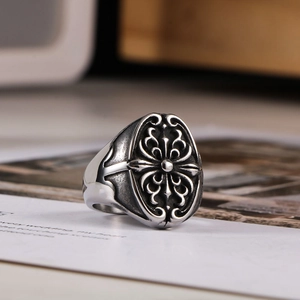 Vintage Men Titanium Steel Gothic Cross Ring Punk Rock Fleur-de-lis Embossed Signet Finger Ring Fashion Men Jewelry Gift