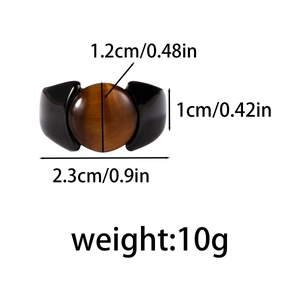 Detailed size chart showing dimensions and 10g weight of the black tiger eye stone ring