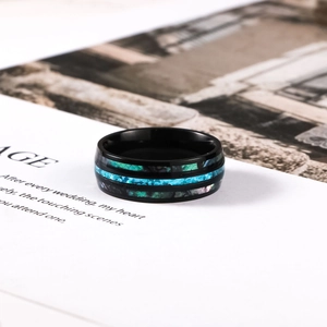 Men's black stainless steel ring with colorful shell inlay and blue powder accents