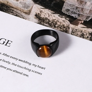 Vintage Black Plated Stainless Steel Ring For Men With Round Natural Tiger Eye Stone Retro High End Personality Jewelry Accessory Gift