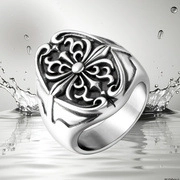 Gothic cross stainless steel ring for men with vintage fleur-de-lis engraving details