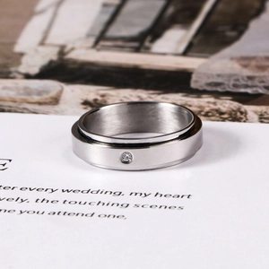 Minimalist Stainless Steel Spinner Ring For Women Men Silver Plated Inlaid Rhinestone Rotatable Anxiety Band Finger Ring Jewelry Gift