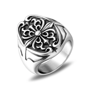 Retro punk cross engraved silver steel ring for men with a vintage gothic fleur-de-lis design