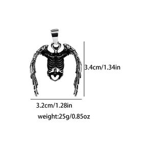 Detailed size chart of the stainless steel skeleton wing pendant with dimensions and weight