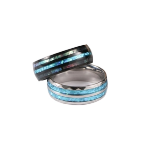 Modern stainless steel rings set in black and silver with blue shell inlay decor