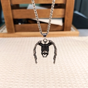 Gothic stainless steel necklace with winged skeleton ribs pendant in vintage silver finish