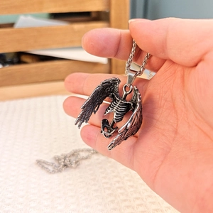 Gothic skeletal wings stainless steel pendant necklace for men with vintage finish