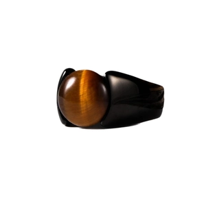 Men's luxury black stainless steel ring featuring a round tiger eye stone inlay