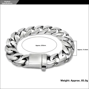 Detailed size chart for men's Cuban link bracelet showing width 14.4mm and length 205mm