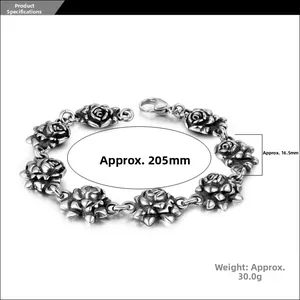 Detailed close-up of vintage rose-shaped stainless steel bracelet with 20.5cm length