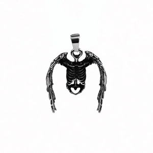 Gothic stainless steel skeleton wing pendant necklace with detailed punk engraving