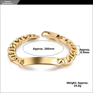 Detailed view of a gold-plated stainless steel ID bracelet with a chunky Cuban chain link