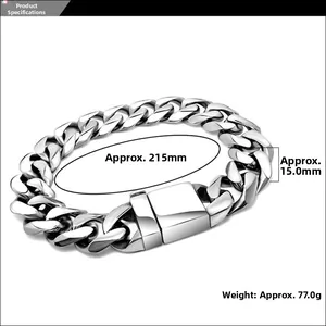 Detailed view of silver curb chain bracelet with 15mm width and 215mm length specs