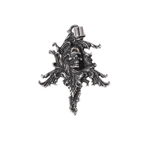 Vintage gothic skull pendant necklace in oxidized stainless steel with baroque carvings