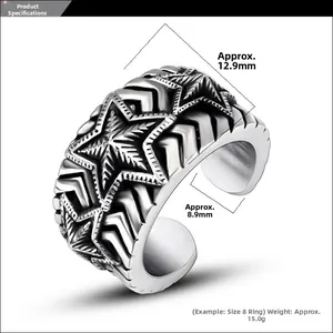 Detail showing vintage stainless steel star ring dimensions with 12.9mm face width