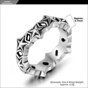 Detail view of 6.7mm wide sterling silver star pattern ring with oxidized finish