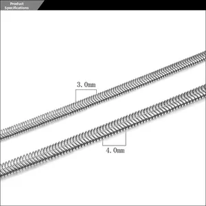 Detail view of silver snake bone chain showing 3.0mm and 4.0mm width specifications