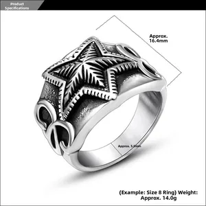 Macro detail of retro star ring with industrial relief and infinity symbol design