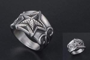 Macro view of men's star ring featuring embossed pentagram and side scroll engraving