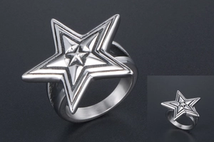 Close-up of the layered 3D star design on a polished stainless steel industrial ring