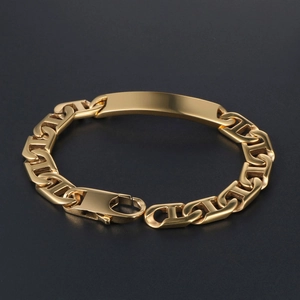Golden stainless steel ID bar bracelet with pig nose chain and lobster clasp