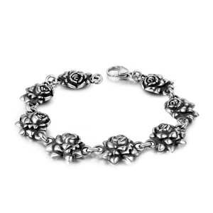 Vintage Antique Silver Titanium Steel Rose Flower Link Bracelet For Men Women Gothic Punk Flower Chain Bracelet Jewelry