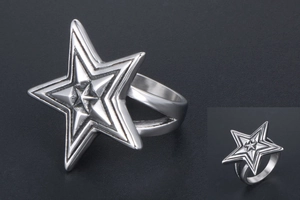 Detailed macro view of the layered pentagram star design and hollow split band ring