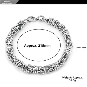 Detailed view showing dimensions 215mm length and 8.9mm width of silver steel chain bracelet
