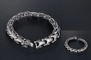 Macro detail of men's punk titanium steel bracelet featuring intricate scale texture links