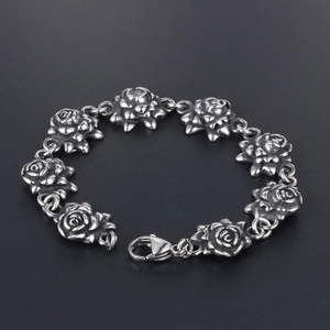 Vintage oxidized stainless steel rose link bracelet with lobster clasp for women