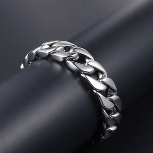 Polished silver cuban link chain bracelet in stainless steel for men with secure clasp