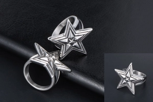 Macro detail of vintage stainless steel star ring with layered industrial texture