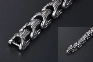 Macro detail of men's titanium steel dragon scale bracelet with antique silver finish