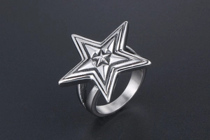 Macro view of a 3D punk star ring made of durable stainless steel with a bold geometric frame