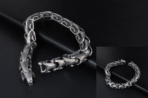 Macro detail of men's titanium steel dragon scale bracelet with punk industrial texture