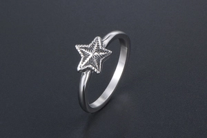 Détail d'une bague étoile en acier inoxydable argenté avec des lignes texturées sur le dessus