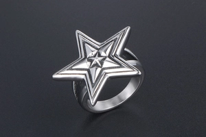 Macro shot of oversized retro stainless steel star ring with nested center detail