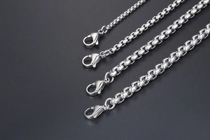 Detailed comparison of four polished stainless steel box chains with lobster clasps