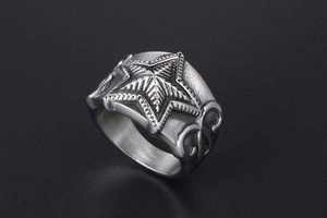 Macro shot of retro stainless steel ring with 3D star and vintage scroll engravings