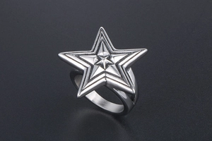 Macro shot of large 3D five-pointed star punk ring made of durable stainless steel