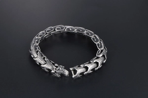 Macro detail of men's titanium steel bracelet with scale texture and punk carvings