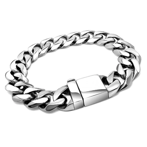 Polished silver stainless steel Cuban link bracelet with square clasp for men
