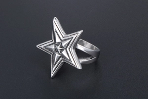 Macro shot of tiered five-pointed star relief on silver punk-style stainless steel ring