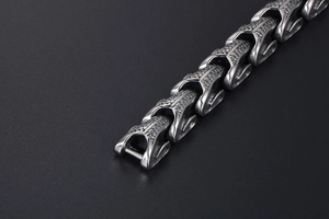 Macro view of men's titanium steel dragon scale chain bracelet with retro oxidation effect