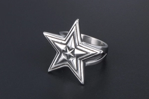 Macro detail of vintage stainless steel ring with layered pentagram and metallic texture
