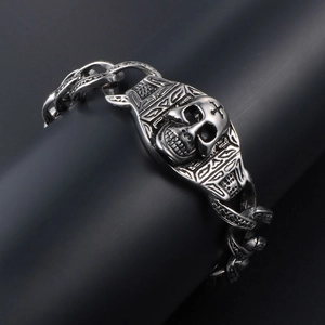 Bracelet punk rock pour homme avec tête de mort et grosse chaîne en acier vieilli