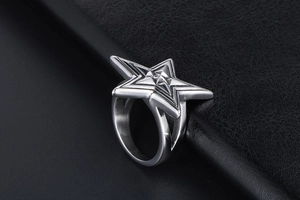 Macro shot of retro star ring with layered stainless steel design on black leather