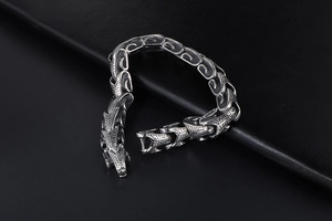 Detailed close-up of retro dragon scale links on a polished titanium steel punk bracelet
