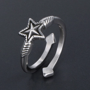 Polished silver star and arrow adjustable open ring for couples in minimalist style