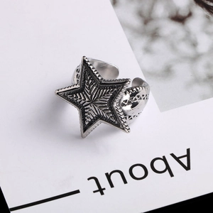 Vintage star titanium steel open ring with retro silver finish and embossed texture